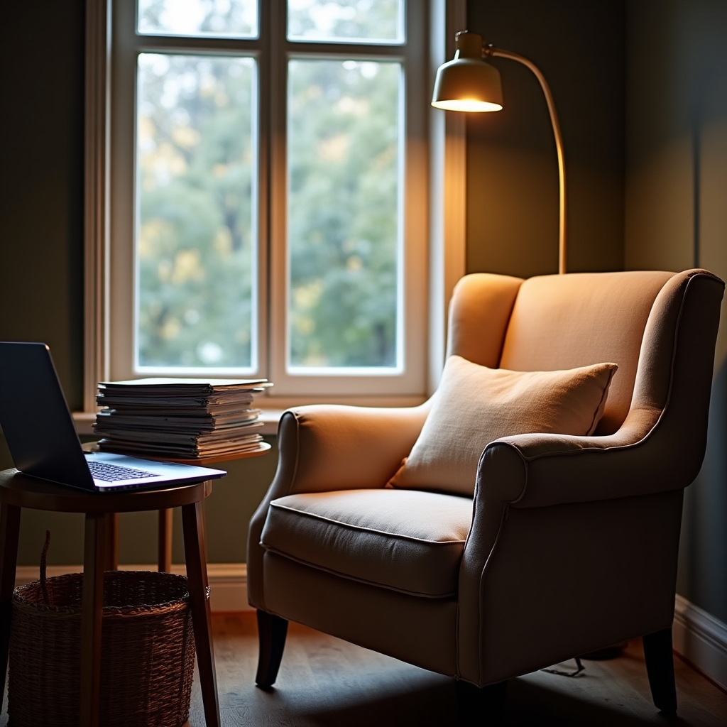 A quiet reading corner with printed articles and a laptop stacked on a wooden desk