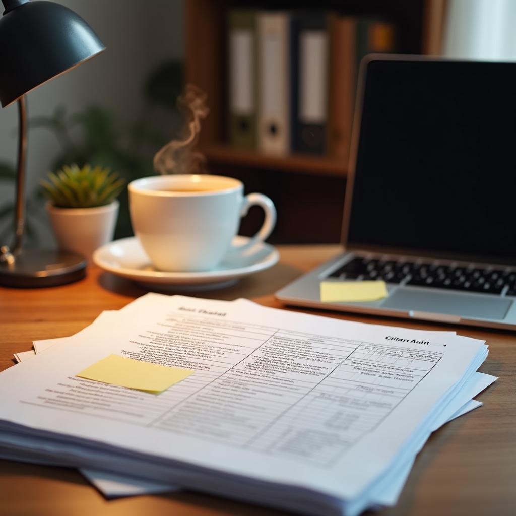A printed website audit checklist with a pen and coffee cup on a wooden desk