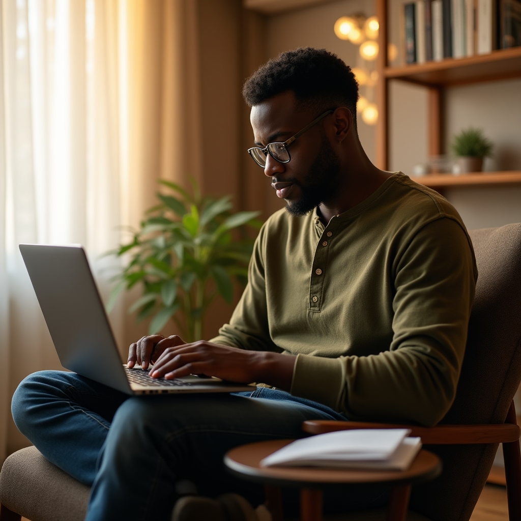 A content writer drafting an author biography page on a laptop with printed notes nearby