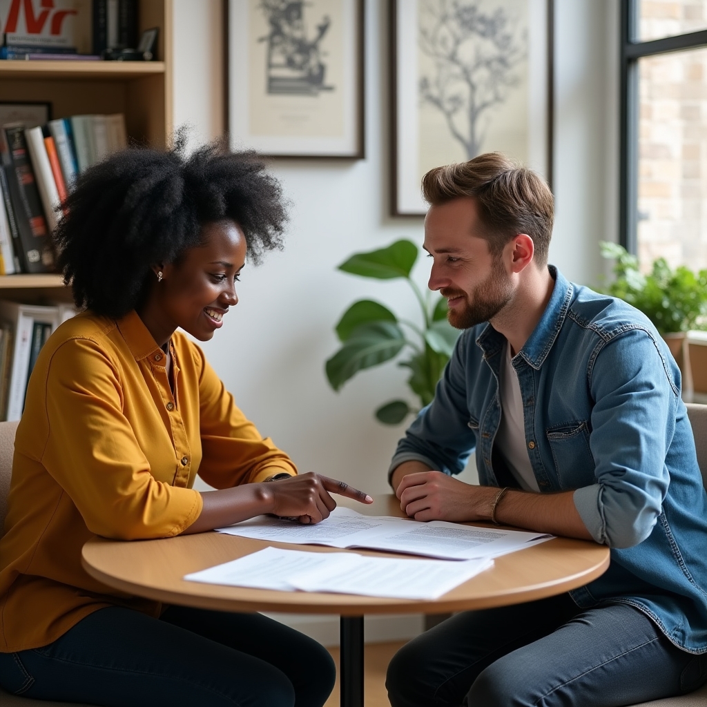 Two colleagues discussing website content strategy over notes in a home office setting