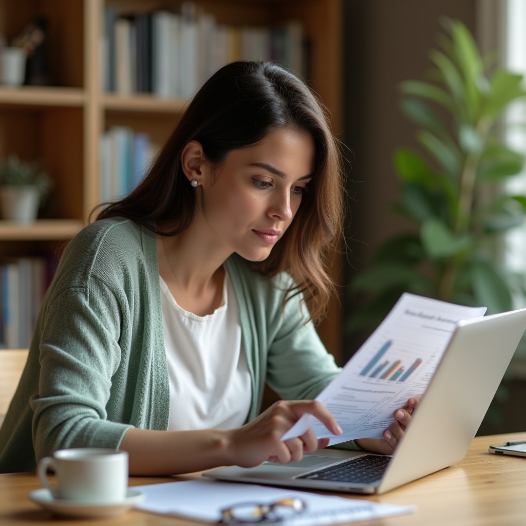 A small business owner reviewing website content and Google guideline notes at a desk