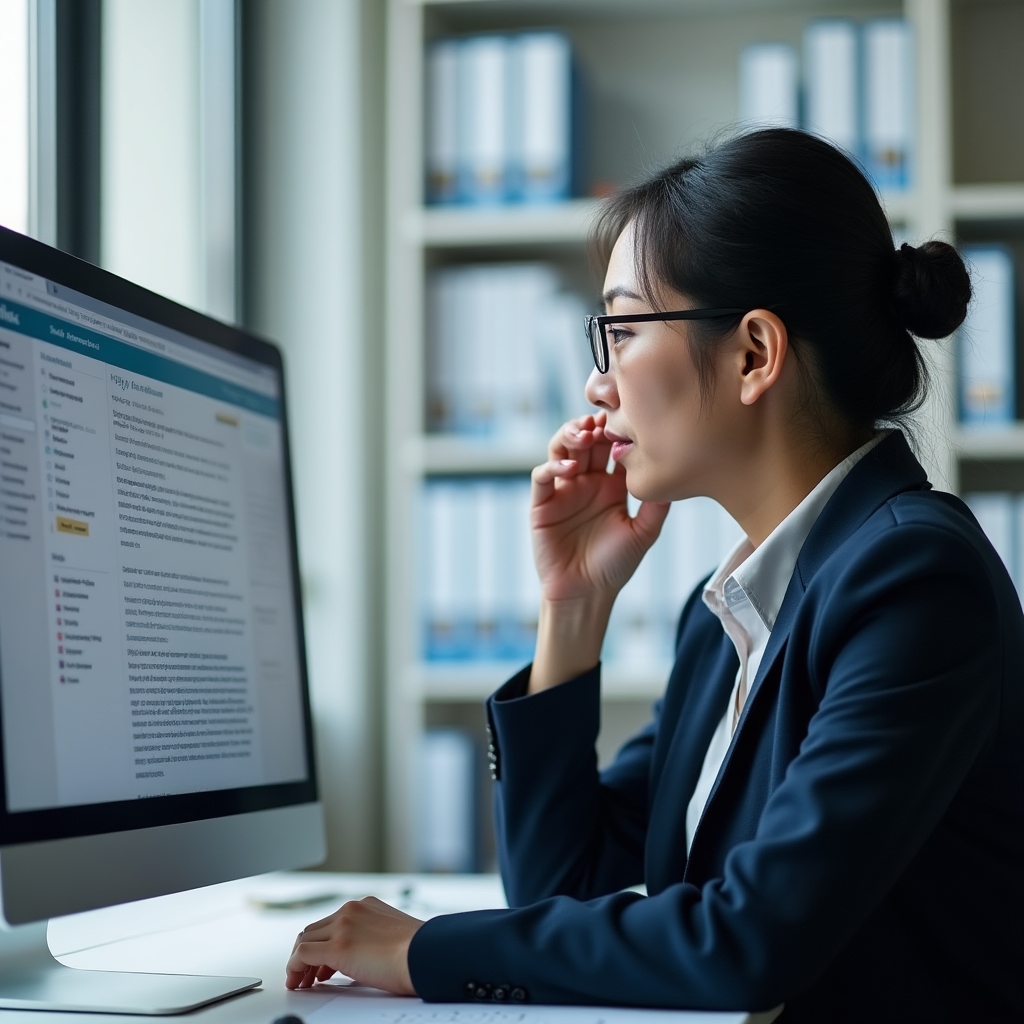 A healthcare content reviewer examining medical website credentials and citations on a monitor