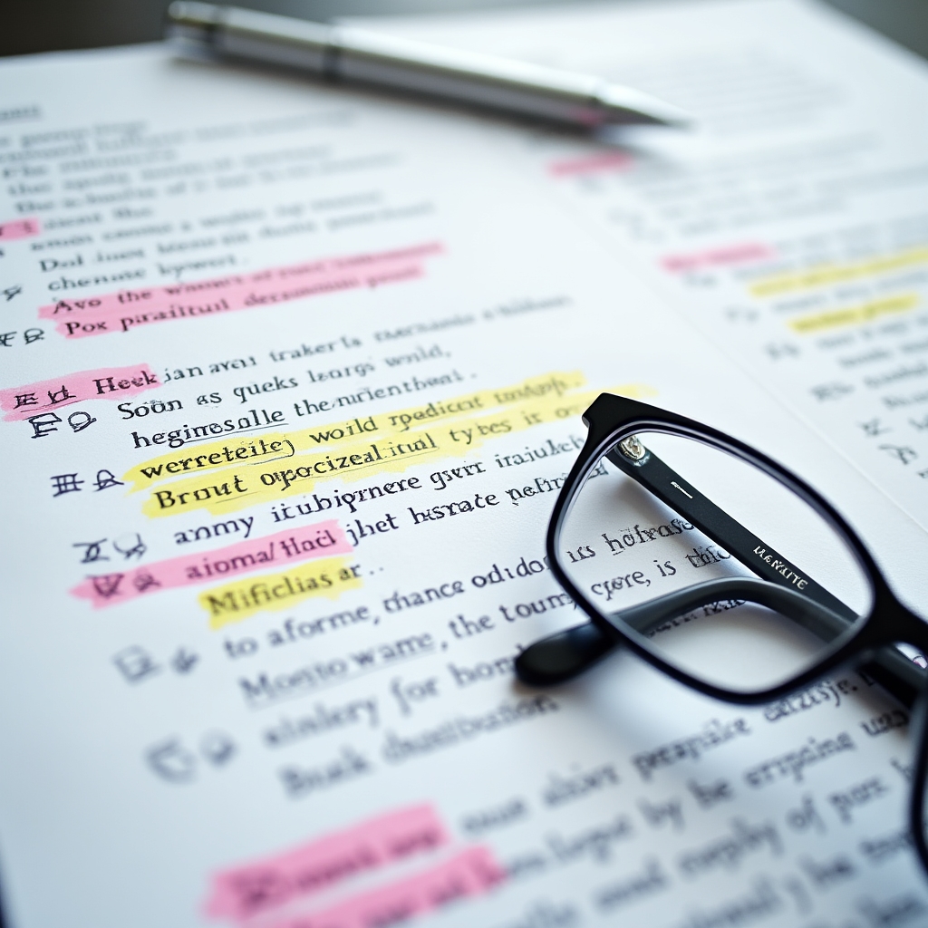 Highlighted printed pages of Google's Search Quality Rater Guidelines with annotations on a desk